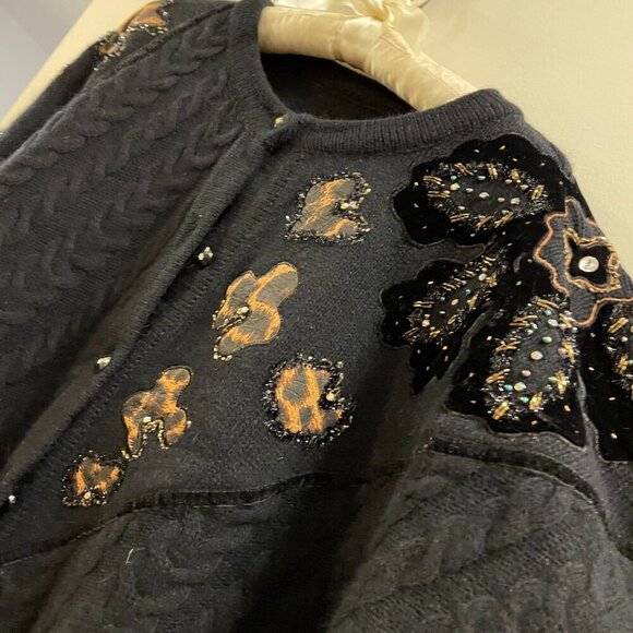 Vintage Made in Italy Wool Cardigan with Animal Print Accents Black - Picture 7 of 16